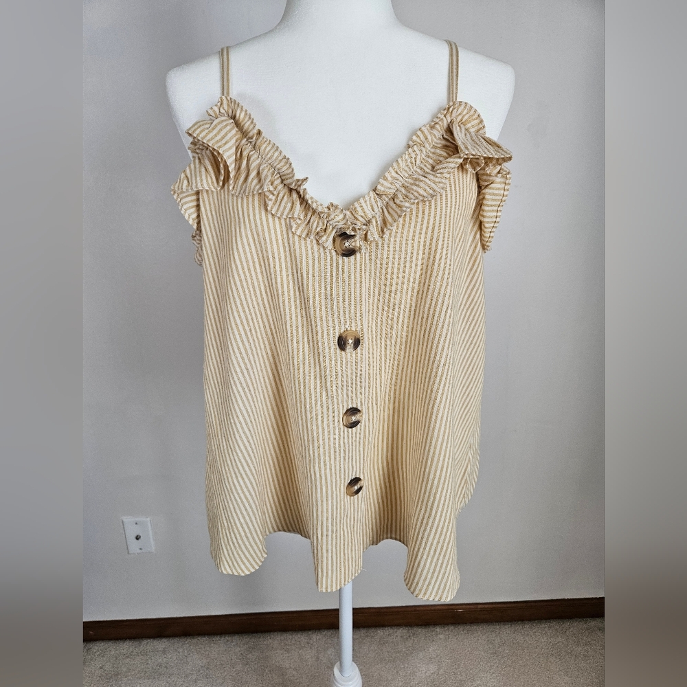 By Together Cream Striped Ruffle Button-Front Crop Top